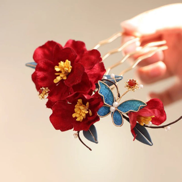 Buddha Stones Chinese Style Red Camellia Butterfly Hair Clip Hair Comb Hairpin Barrette Accessory - image 1