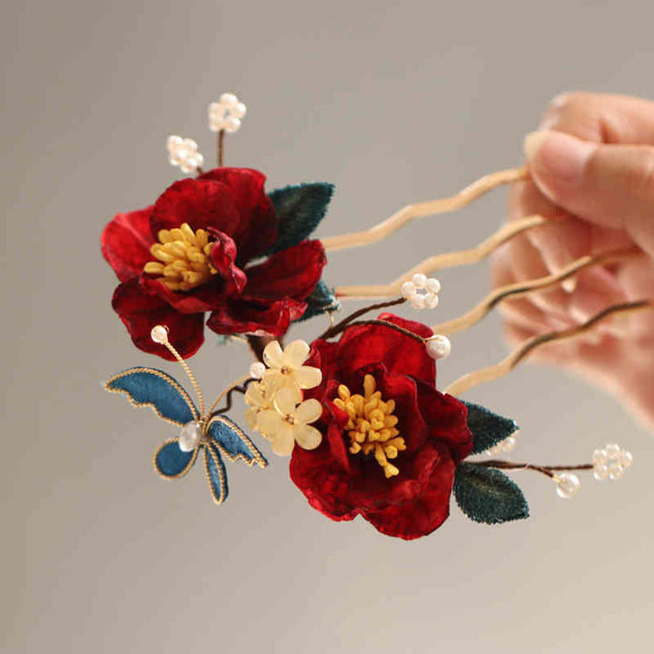 Buddha Stones Chinese Style Red Camellia Butterfly Hair Clip Hair Comb Hairpin Barrette Accessory - image 2