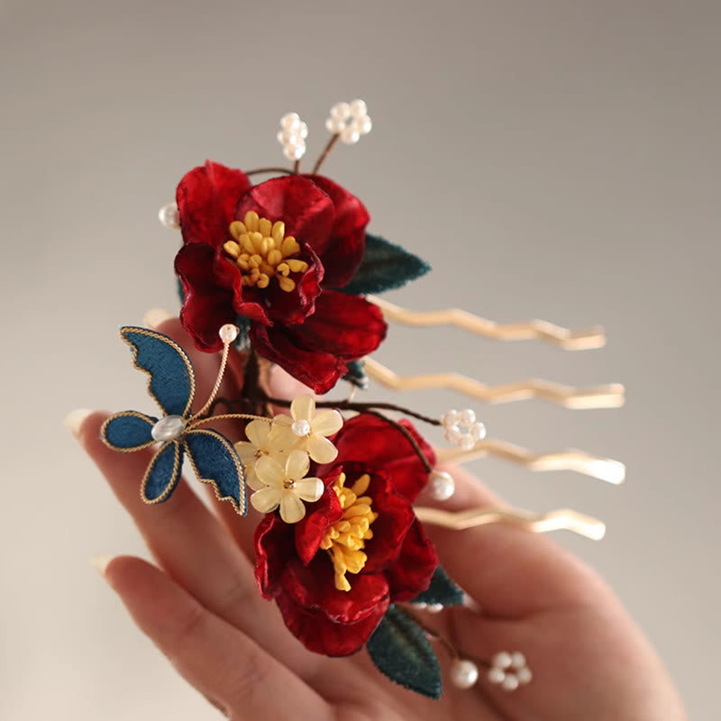 Buddha Stones Chinese Style Red Camellia Butterfly Hair Clip Hair Comb Hairpin Barrette Accessory - image 5