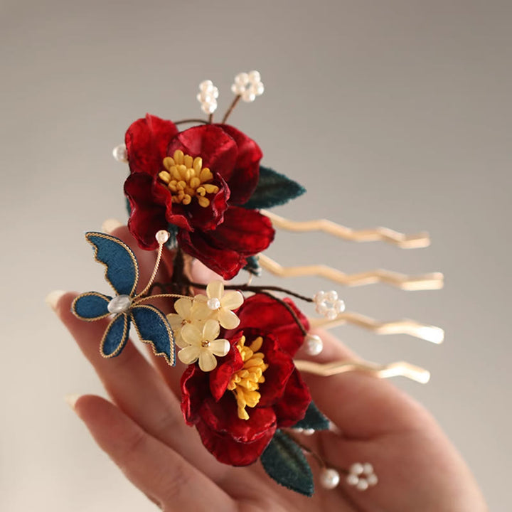 Buddha Stones Chinese Style Red Camellia Butterfly Hair Clip Hair Comb Hairpin Barrette Accessory - image 5