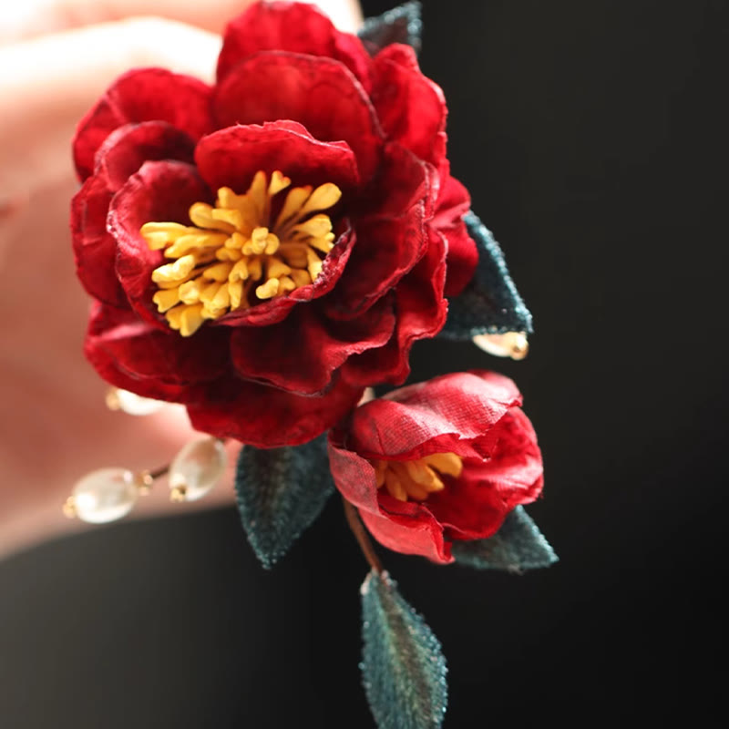 Buddha Stones Chinese Style Red Camellia Butterfly Hair Clip Hair Comb Hairpin Barrette Accessory - image 9