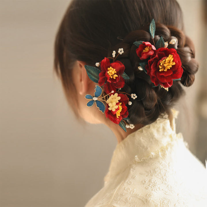 Buddha Stones Chinese Style Red Camellia Butterfly Hair Clip Hair Comb Hairpin Barrette Accessory - image 6