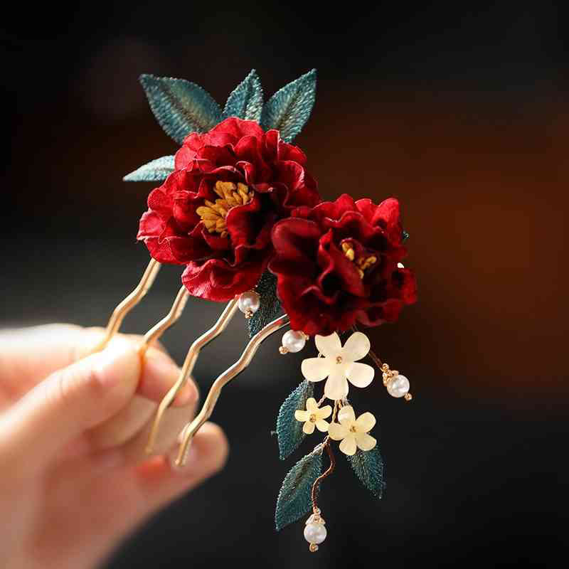 Buddha Stones Chinese Style Red Camellia Butterfly Hair Clip Hair Comb Hairpin Barrette Accessory - Two Red Camellia Hair Comb - image 17