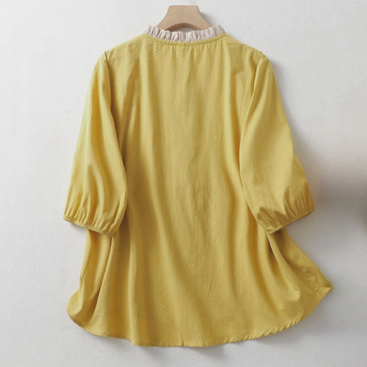 Buddha Stones Casual Plain Frog-Button Women's Ruffle Collar Design Half Sleeve Cotton Linen Shirt - image 1