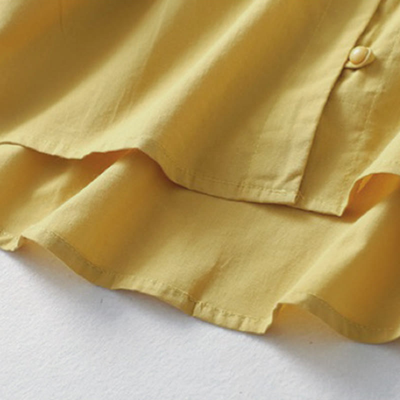 Buddha Stones Casual Plain Frog-Button Women's Ruffle Collar Design Half Sleeve Cotton Linen Shirt - image 5