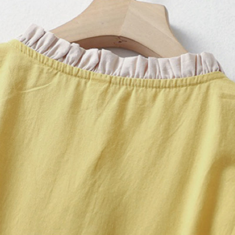 Buddha Stones Casual Plain Frog-Button Women's Ruffle Collar Design Half Sleeve Cotton Linen Shirt - image 3