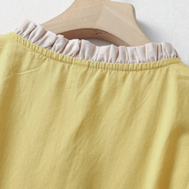 Buddha Stones Casual Plain Frog-Button Women's Ruffle Collar Design Half Sleeve Cotton Linen Shirt - image 3