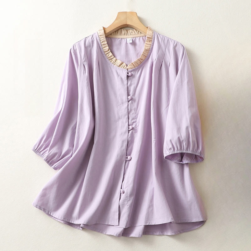 Buddha Stones Casual Plain Frog-Button Women's Ruffle Collar Design Half Sleeve Cotton Linen Shirt - Plum - US8-10,UK/AU12-14,EU40-42 (2XL) - image 7