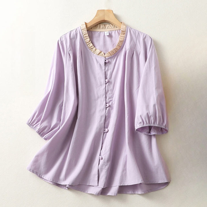 Buddha Stones Casual Plain Frog-Button Women's Ruffle Collar Design Half Sleeve Cotton Linen Shirt - Plum - US8-10,UK/AU12-14,EU40-42 (2XL) - image 7