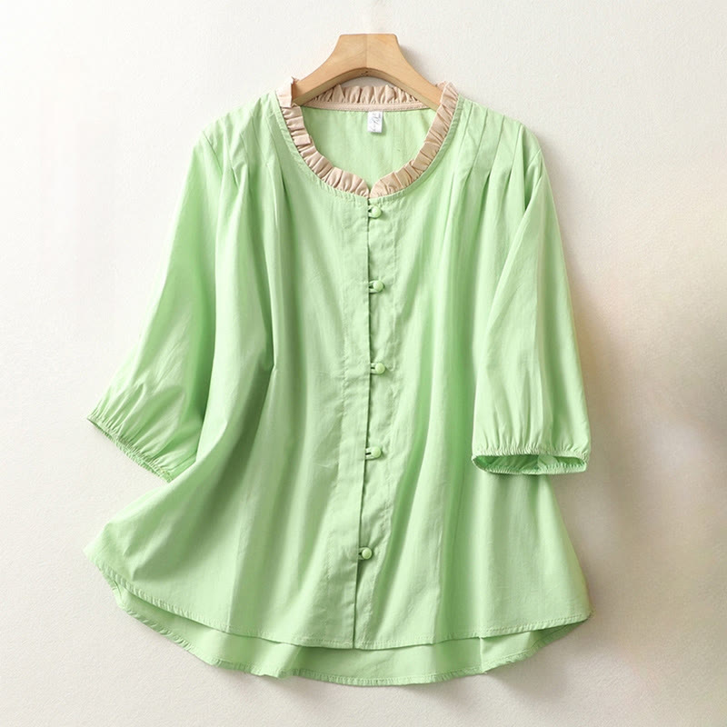 Buddha Stones Casual Plain Frog-Button Women's Ruffle Collar Design Half Sleeve Cotton Linen Shirt - PaleGreen - US8-10,UK/AU12-14,EU40-42 (2XL) - image 13