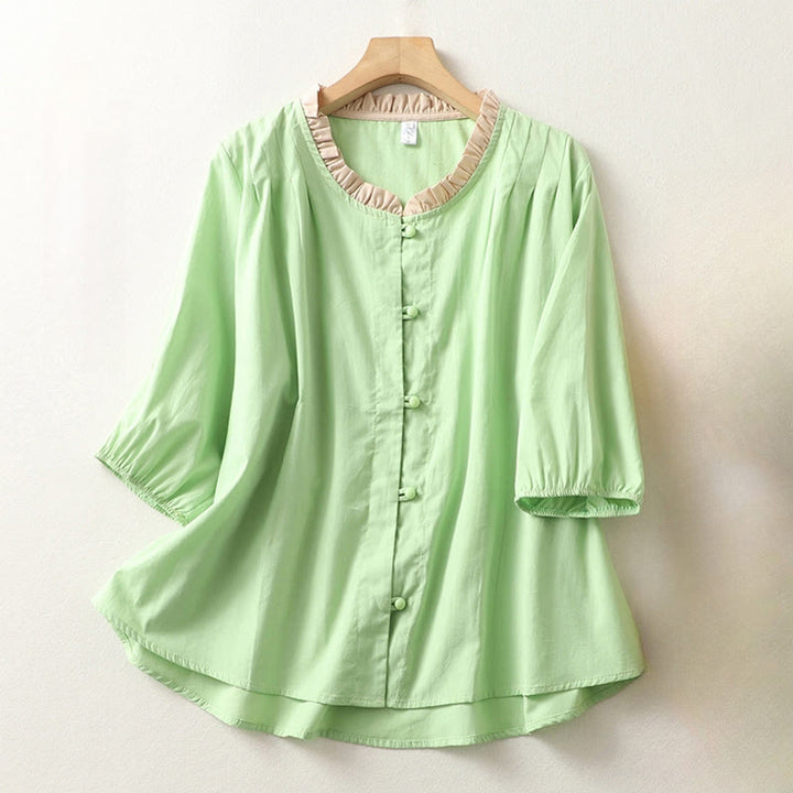 Buddha Stones Casual Plain Frog-Button Women's Ruffle Collar Design Half Sleeve Cotton Linen Shirt - PaleGreen - US8-10,UK/AU12-14,EU40-42 (2XL) - image 13