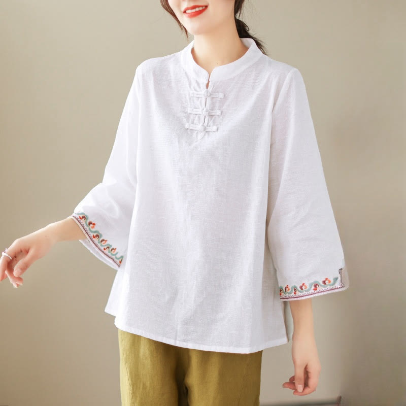 Buddha Stones Casual Jacquard Frog-Button Women's Crew Neck Design Three Quarter Sleeve Cotton Linen Shirt - White - US8-10,UK/AU12-14,EU40-42 (2XL) - image 0