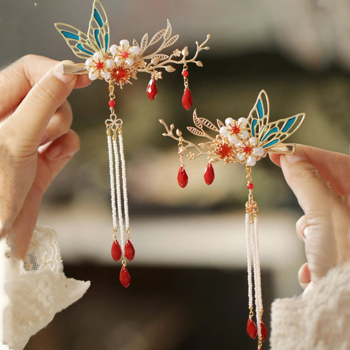 Buddha Stones Classical Chinese Style Flower Branche Butterfly Pearl Tassel Hair Clip Hairpin Hair Crown - image 24