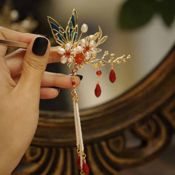 Buddha Stones Classical Chinese Style Flower Branche Butterfly Pearl Tassel Hair Clip Hairpin Hair Crown - image 8