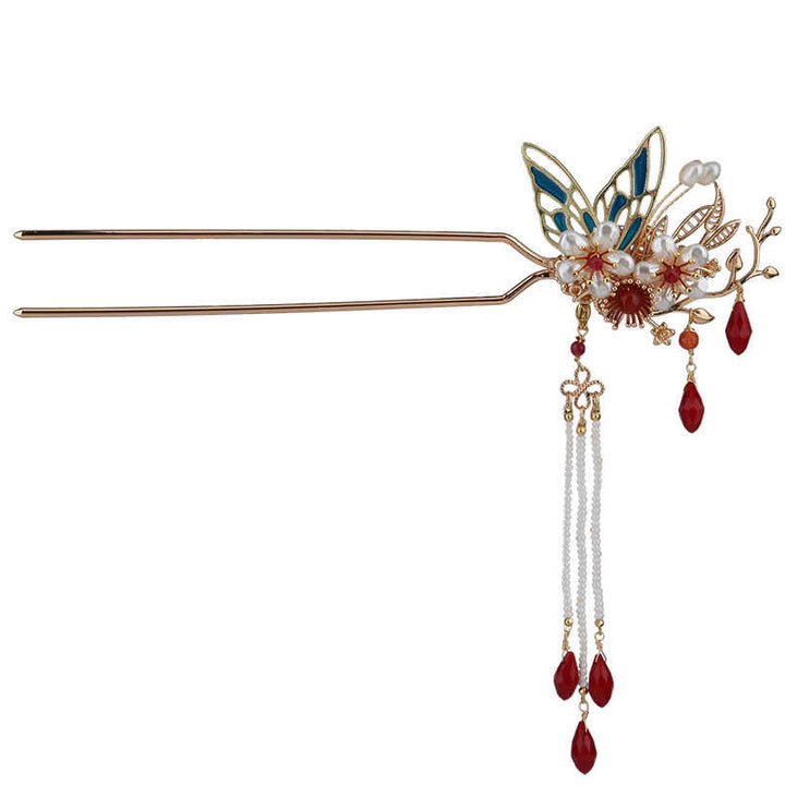 Buddha Stones Classical Chinese Style Flower Branche Butterfly Pearl Tassel Hair Clip Hairpin Hair Crown - image 14