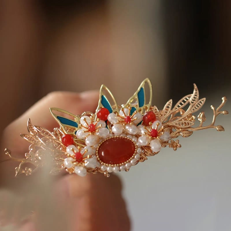 Buddha Stones Classical Chinese Style Flower Branche Butterfly Pearl Tassel Hair Clip Hairpin Hair Crown - image 18