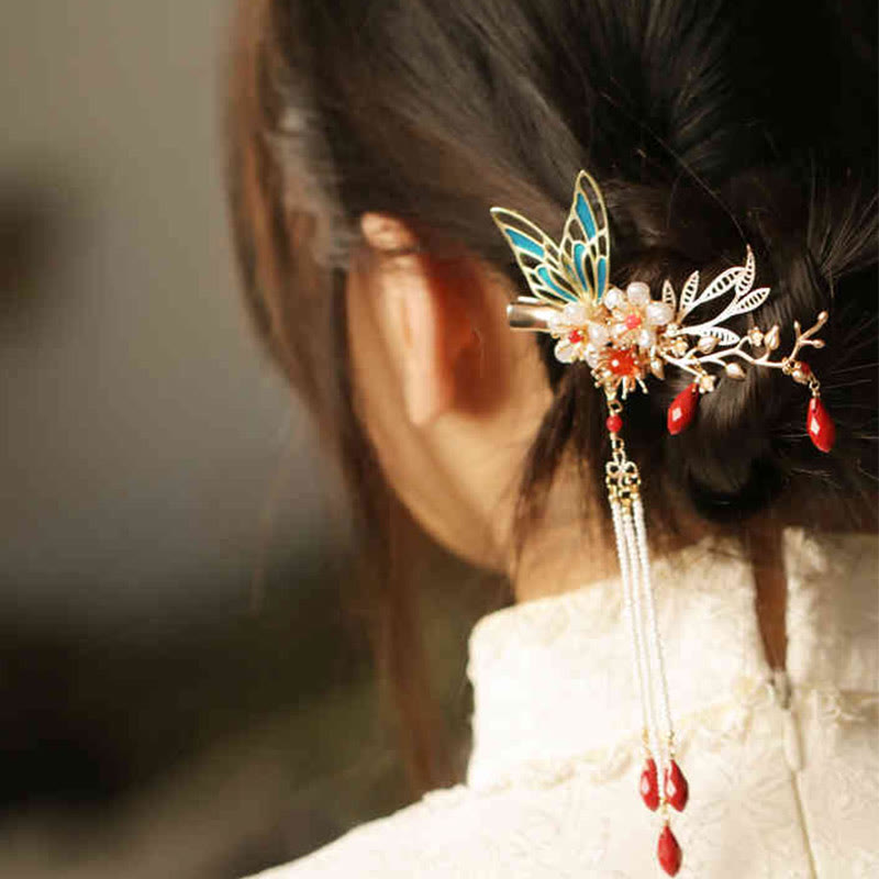 Buddha Stones Classical Chinese Style Flower Branche Butterfly Pearl Tassel Hair Clip Hairpin Hair Crown - Red Flower Butterfly Hair Clip(Left) - image 20