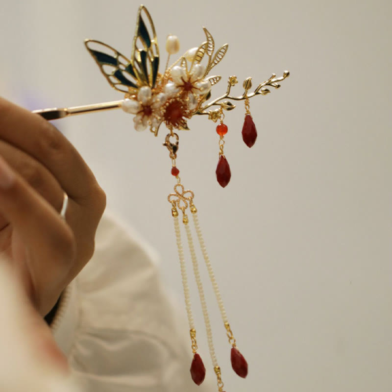 Buddha Stones Classical Chinese Style Flower Branche Butterfly Pearl Tassel Hair Clip Hairpin Hair Crown - image 3