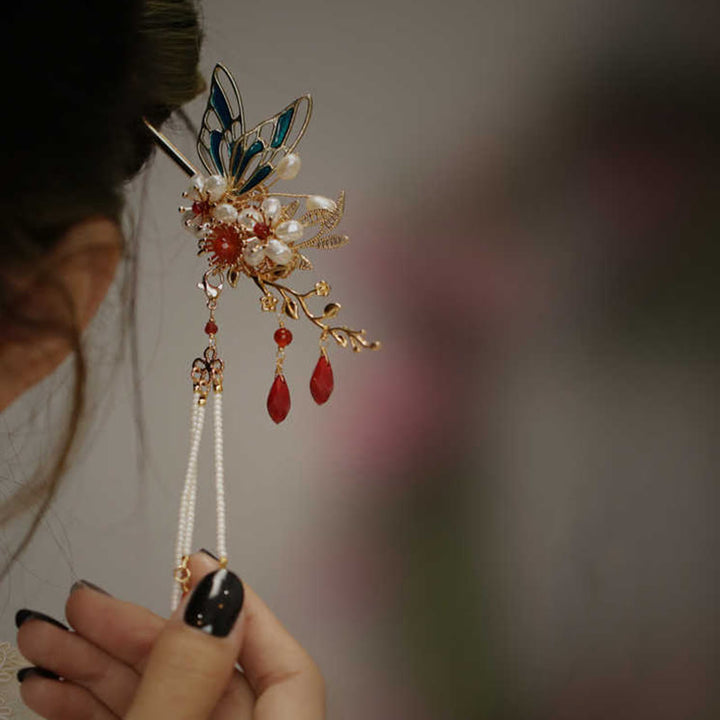 Buddha Stones Classical Chinese Style Flower Branche Butterfly Pearl Tassel Hair Clip Hairpin Hair Crown - image 15