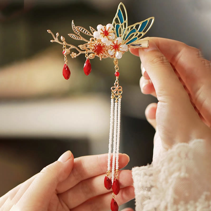 Buddha Stones Classical Chinese Style Flower Branche Butterfly Pearl Tassel Hair Clip Hairpin Hair Crown - image 25