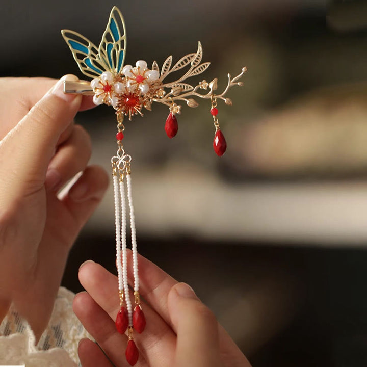 Buddha Stones Classical Chinese Style Flower Branche Butterfly Pearl Tassel Hair Clip Hairpin Hair Crown - image 23