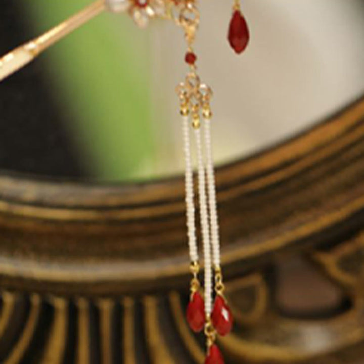 Buddha Stones Classical Chinese Style Flower Branche Butterfly Pearl Tassel Hair Clip Hairpin Hair Crown - image 9