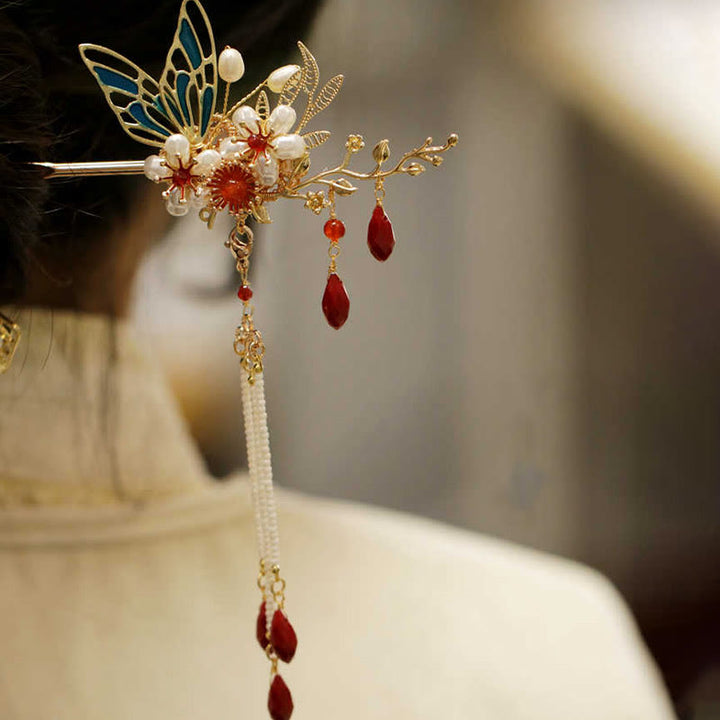 Buddha Stones Classical Chinese Style Flower Branche Butterfly Pearl Tassel Hair Clip Hairpin Hair Crown - Red Flower Butterfly Hairpin - image 0