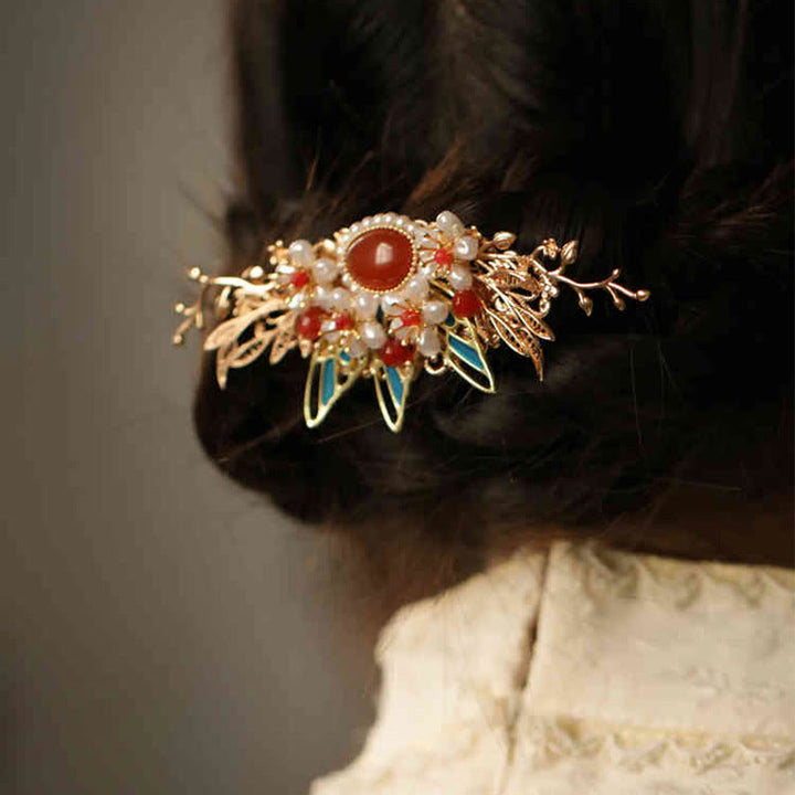 Buddha Stones Classical Chinese Style Flower Branche Butterfly Pearl Tassel Hair Clip Hairpin Hair Crown - Red Flower Butterfly Hair Crown - image 17