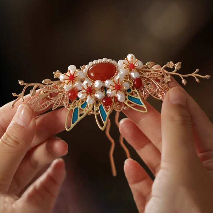 Buddha Stones Classical Chinese Style Flower Branche Butterfly Pearl Tassel Hair Clip Hairpin Hair Crown - image 19