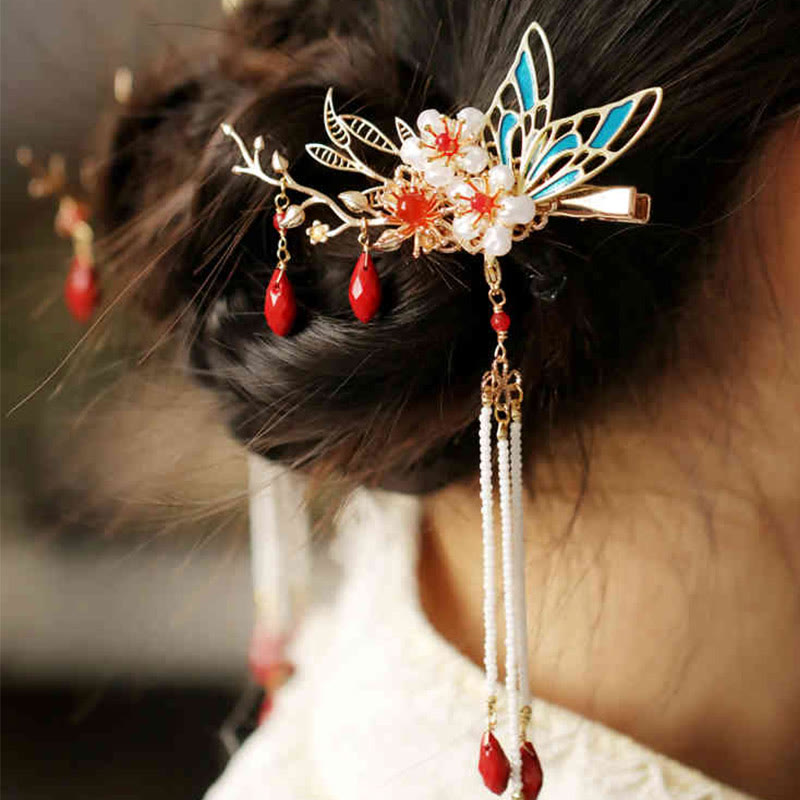 Buddha Stones Classical Chinese Style Flower Branche Butterfly Pearl Tassel Hair Clip Hairpin Hair Crown - Red Flower Butterfly Hair Clip(Right) - image 22