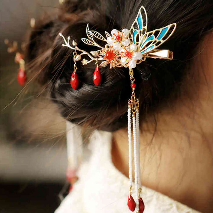 Buddha Stones Classical Chinese Style Flower Branche Butterfly Pearl Tassel Hair Clip Hairpin Hair Crown - Red Flower Butterfly Hair Clip(Right) - image 22
