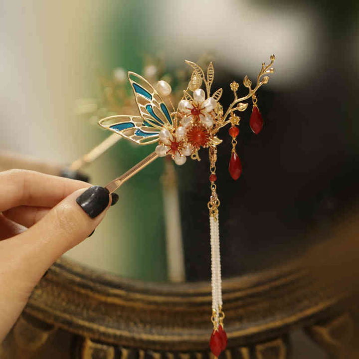 Buddha Stones Classical Chinese Style Flower Branche Butterfly Pearl Tassel Hair Clip Hairpin Hair Crown - Red Flower Butterfly U-shaped Hairpin - image 13