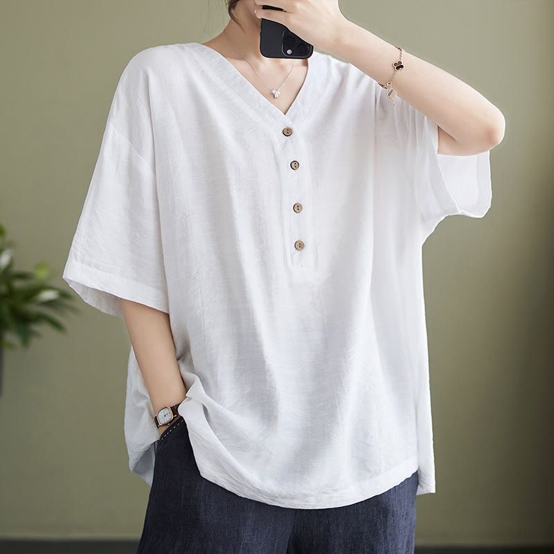Buddha Stones Casual Plain Women's V-Neck Design Half Sleeve Viscose Shirt - White - US14,UK/AU18,EU46 (3XL) - image 1