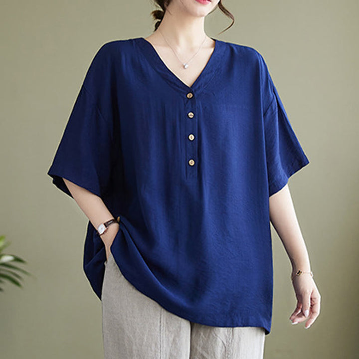 Buddha Stones Casual Plain Women's V-Neck Design Half Sleeve Viscose Shirt - MidnightBlue - US14,UK/AU18,EU46 (3XL) - image 10
