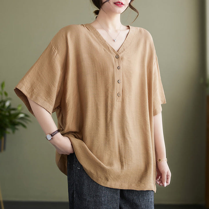 Buddha Stones Casual Plain Women's V-Neck Design Half Sleeve Viscose Shirt - BurlyWood - US14,UK/AU18,EU46 (3XL) - image 16