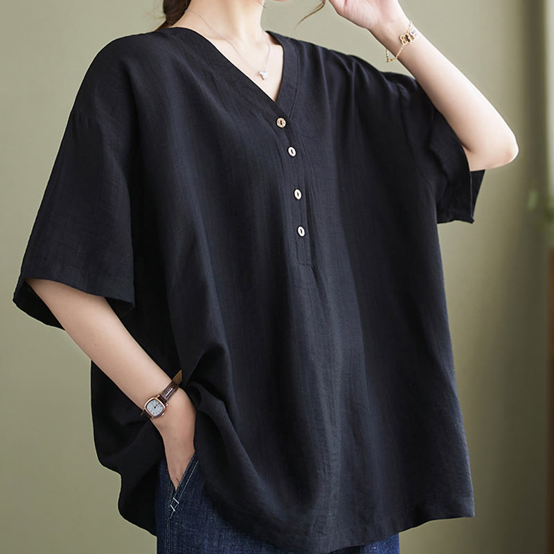 Buddha Stones Casual Plain Women's V-Neck Design Half Sleeve Viscose Shirt - Black - US14,UK/AU18,EU46 (3XL) - image 22