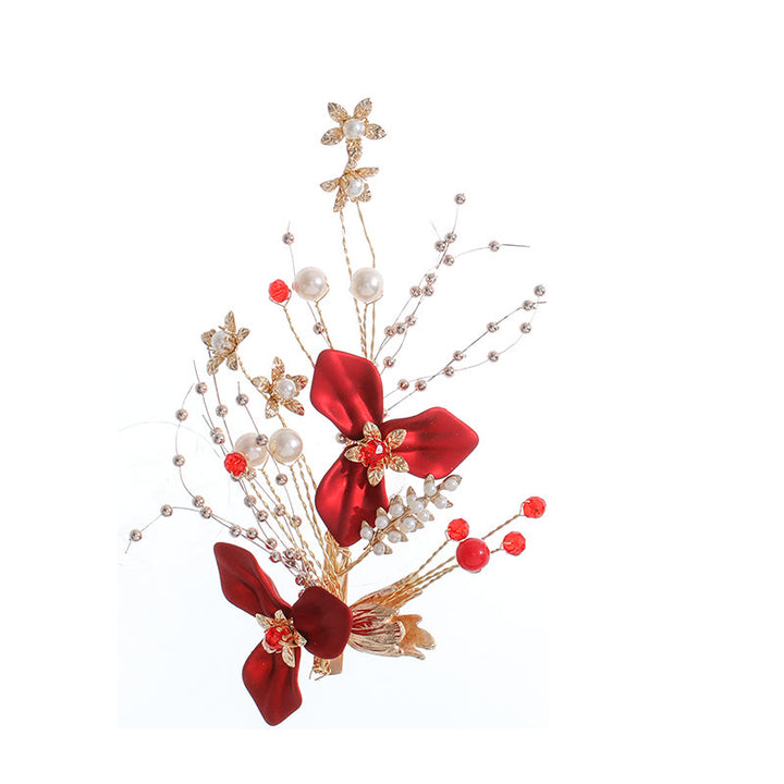 Buddha Stones Chinese Wedding Bridal Red Flower Branche Pearl Hair Clip Set - image 3