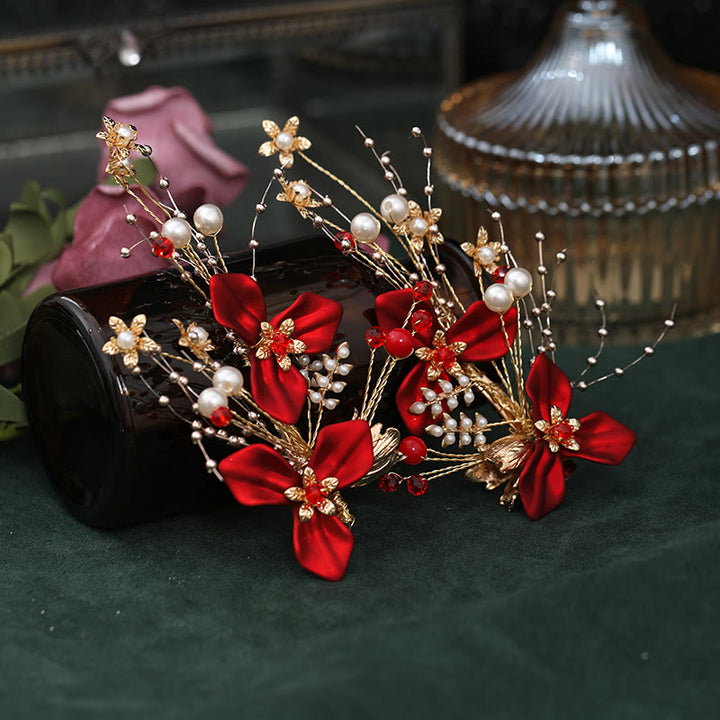Buddha Stones Chinese Wedding Bridal Red Flower Branche Pearl Hair Clip Set - image 2