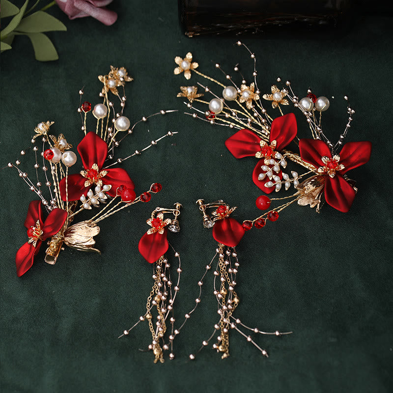 Buddha Stones Chinese Wedding Bridal Red Flower Branche Pearl Hair Clip Set - image 1