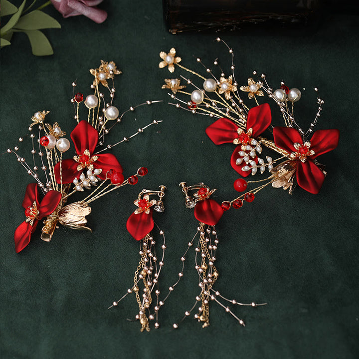 Buddha Stones Chinese Wedding Bridal Red Flower Branche Pearl Hair Clip Set - image 1