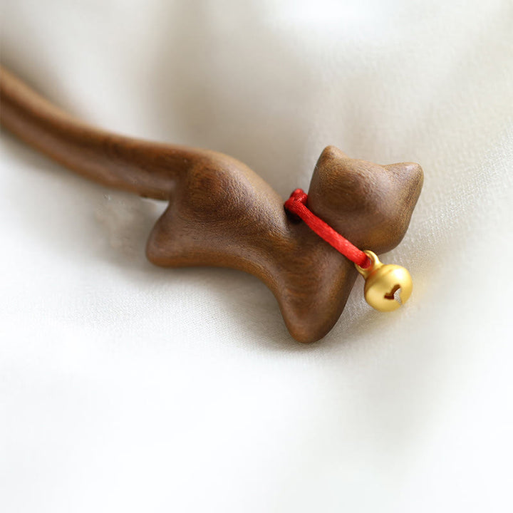 Buddha Stones Classical Chinese Style Cat-shaped Sandalwood Hairpin - image 1