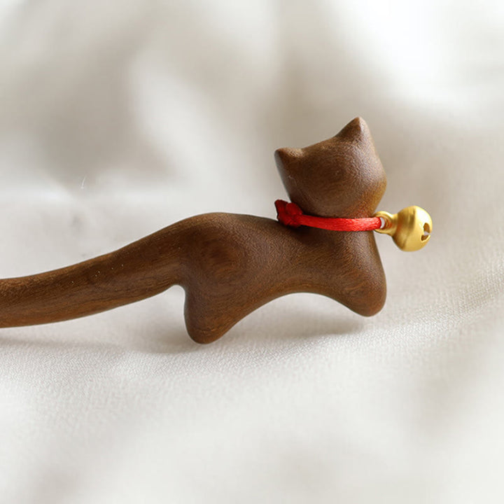 Buddha Stones Classical Chinese Style Cat-shaped Sandalwood Hairpin - Cat-shaped Hairpin - image 0