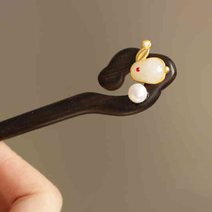 Buddha Stones Auspicious Cloud Sandalwood Rabbit Protection Hairpin - White Moonlight Rabbit - image 11