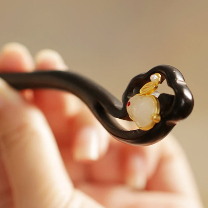 Buddha Stones Auspicious Cloud Sandalwood Rabbit Protection Hairpin - image 6