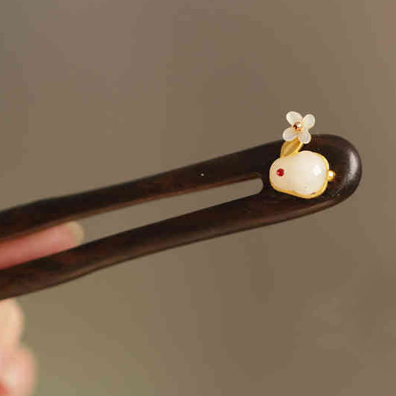 Buddha Stones Auspicious Cloud Sandalwood Rabbit Protection Hairpin - White Rabbit - image 13