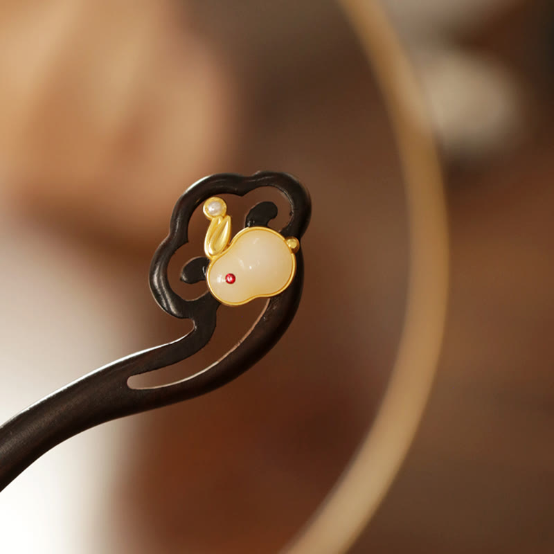 Buddha Stones Auspicious Cloud Sandalwood Rabbit Protection Hairpin - image 7