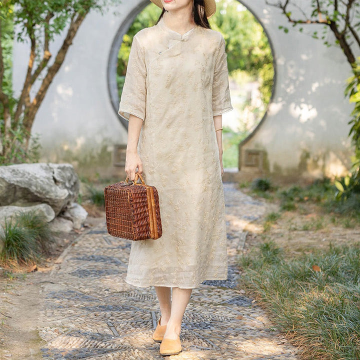 Buddha Stones Casual Embroidered Slant Collar Stand Collar Half Sleeve Design Ramie Midi Dress With Pockets - OldLace - US8-10,UK/AU12-14,EU40-42 (2XL) - image 0