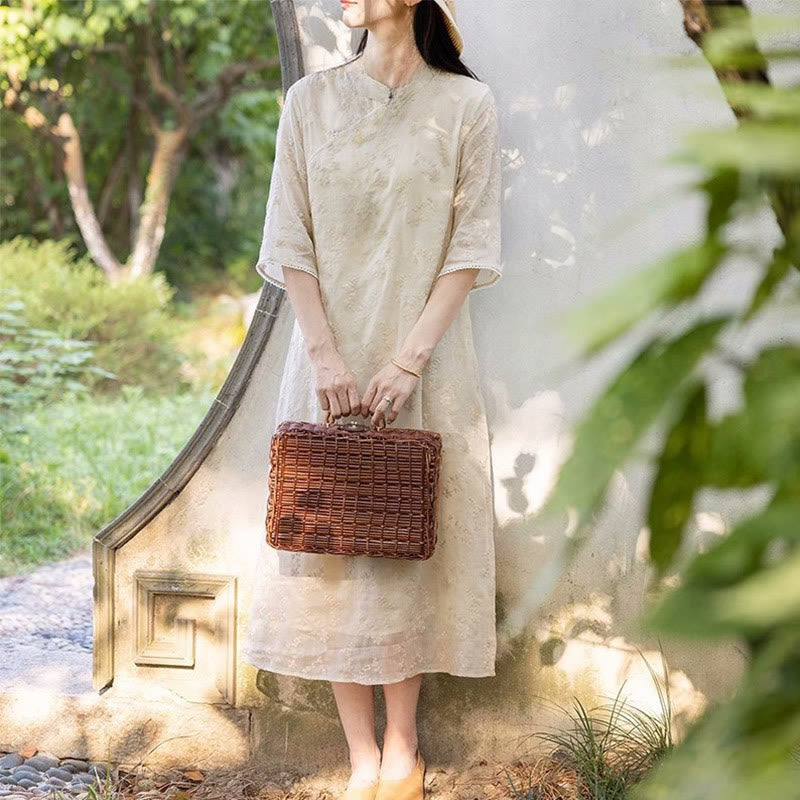 Buddha Stones Casual Embroidered Slant Collar Stand Collar Half Sleeve Design Ramie Midi Dress With Pockets - image 1