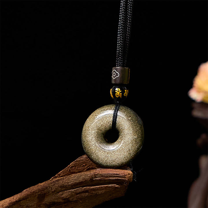 Buddha Stones Natural Gold Sheen Obsidian Peace Buckle Strengthen Necklace Pendant - image 3