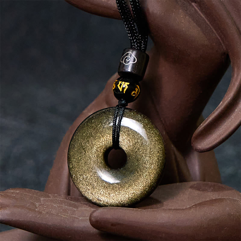 Buddha Stones Natural Gold Sheen Obsidian Peace Buckle Strengthen Necklace Pendant - image 4